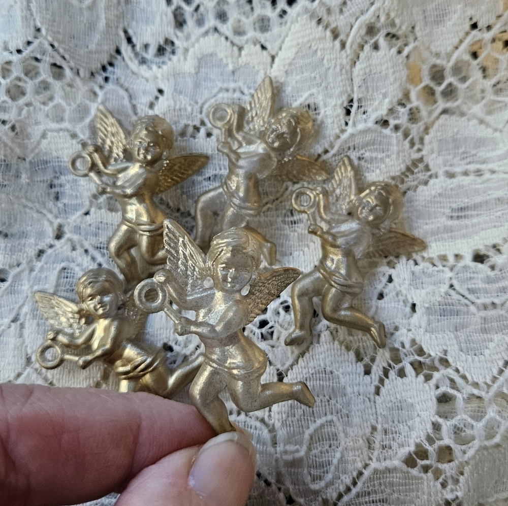 5 Vintage Gold Miniature Angel Ornaments